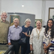 Inaugura&ccedil;&atilde;o da Exposi&ccedil;&atilde;o que homenageia Borges de Medeiros com a presen&ccedil;a de bisnetos, da esq. &agrave; dir. Luiz Jacques Saldanha, Cel PM Jer&ocirc;nimo, Suzana e Luiza Saldanha, que s&atilde;o irm&atilde;s de Jacques, e a filha de Luiza, D&eacute;bora.